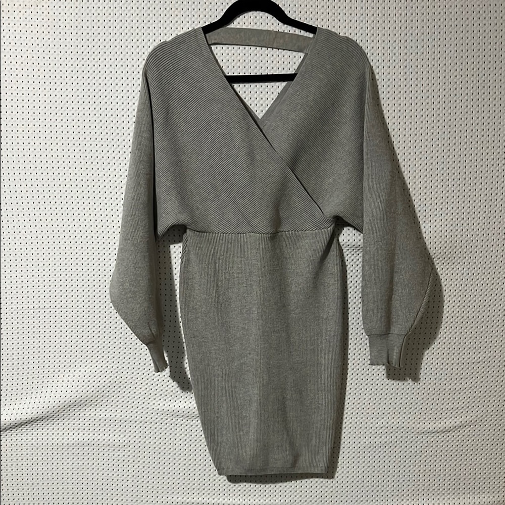 Gray V-Neck Sweater Dress